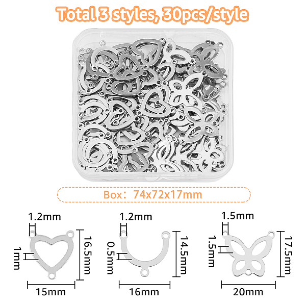 

PandaHall DICOSMETIC 90Pcs 3 Style 304 Stainless Steel Chandelier Component Links, 3 Loop Connectors, Horseshoe, Butterfly & Heart...