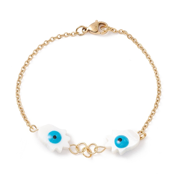 

PandaHall Synthetic Shell Hamsa Hand with Evil Eye Link Bracelet with Enamel, Gold Plated 304 Stainless Steel Jewelry for Women, Cyan, 7-3/4...