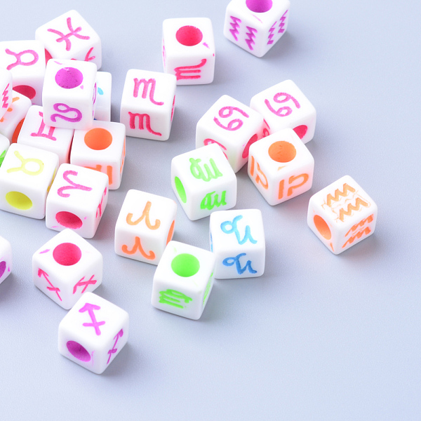 

PandaHall Craft Acrylic European Beads, Large Hole Cube Beads, with Constellation/Zodiac Sign, Mixed Color, 7x7x7mm, Hole: 4mm, about..., Multicolor