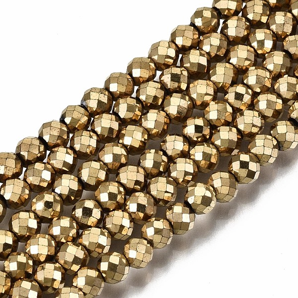 PandaHall Electroplate Non-magnetic Synthetic Hematite Beads Strands, Round, Faceted, Real 18K Gold Plated, 4mm, Hole: 1mm, about...