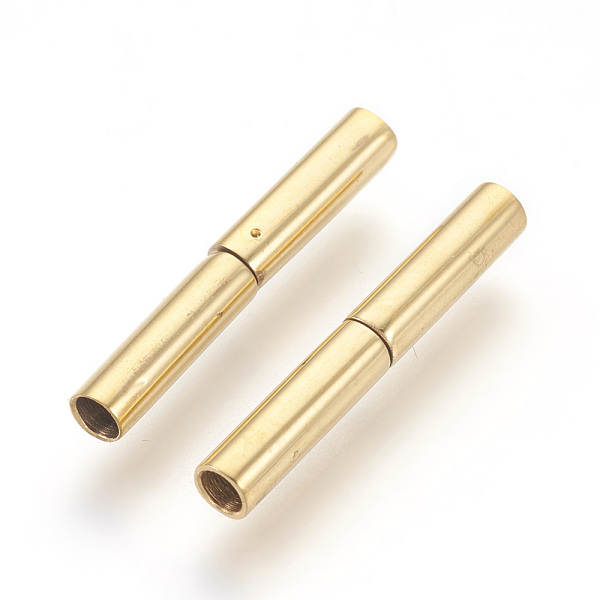 

PandaHall Vacuum Plating 304 Stainless Steel Bayonet Clasps, Long-Lasting Plated, Column, Golden, 18~20x3mm, Hole: 2mm 304 Stainless Steel