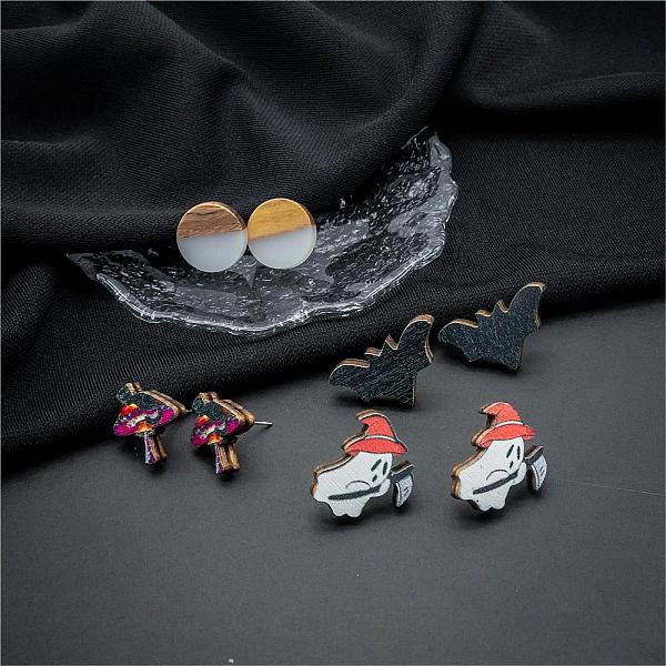 

PandaHall Halloween Mushroom Ghost Bat Wood Stud Earring Sets, Resin & Wood Flat Round Ear Studs for Women, Mixed Color, 15~25x15~18mm..., Multicolor