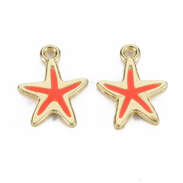 

PandaHall Rack Plating Alloy Pendants, with Enamel, Cadmium Free & Lead Free, Starfish, Light Gold, Tomato, 17x13x1.5mm, Hole: 1.8mm..., Red