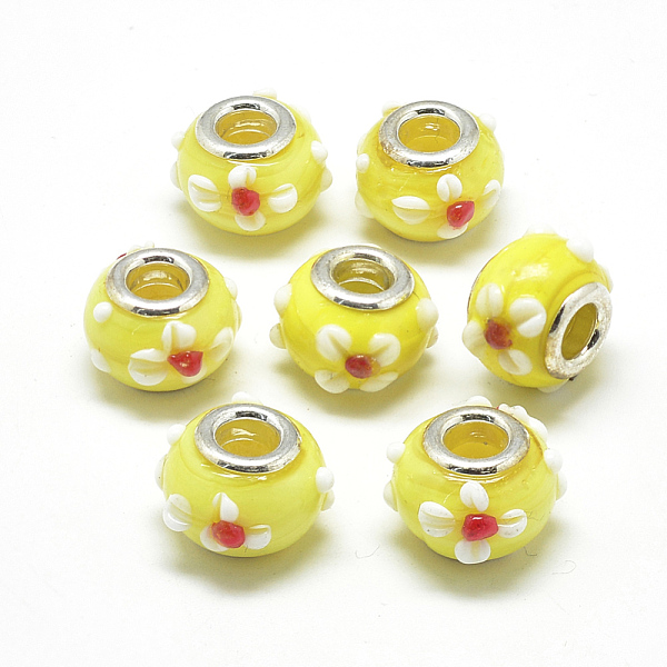 

PandaHall Handmade Lampwork European Beads, Bumpy Lampwork, with Platinum Brass Double Cores, Large Hole Beads, Rondelle with Flower, Yellow...