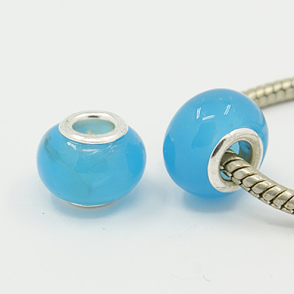 PandaHall Handmade Lampwork European Beads, with Silver Plated Brass Core, Rondelle, Milk Cyan, about 14mm wide, 10mm long, hole