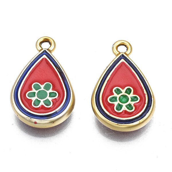 

PandaHall Rack Plating Alloy Enamel Pendants, Cadmium Free & Lead Free, Teardrop with Flower, Light Gold, Red, 19.5x12x3.5mm, Hole: 1.6mm...