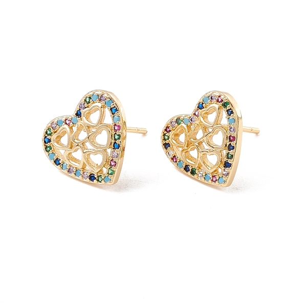 PandaHall Colorful Cubic Zirconia Heart Stud Earrings, Brass Jewelry for Women, Lead Free & Cadmium Free, Real 18K Gold Plated, 11.5x13mm...