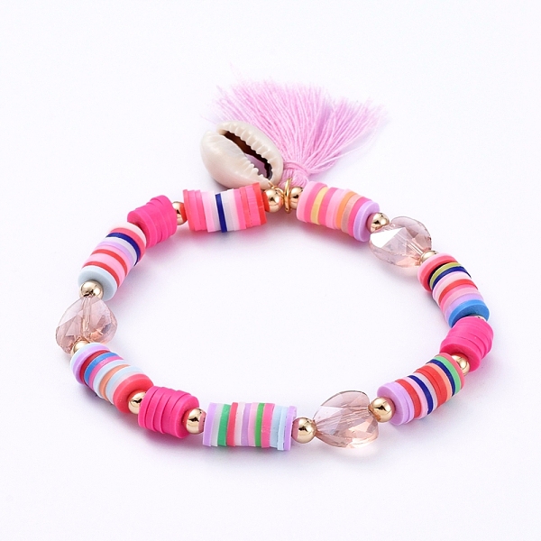 

PandaHall Stretch Charm Bracelets, with Polymer Clay Heishi Beads, Cotton Thread Tassels, Cowrie Shell Beads, Heart Glass Beads and Brass..., Pink