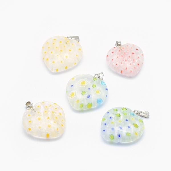 

PandaHall Handmade Millefiori Glass Pendants, with Brass Findings, Heart with Flower, Platinum, Mixed Color, 22~25x19~23x5~7mm, Hole: 2x4mm..., Multicolor
