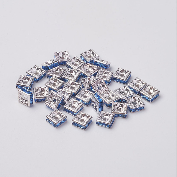 

PandaHall Brass Rhinestone Spacer Beads, Grade A, Silver Color Plated, Square, Light Sapphire, 6x6x3mm, Hole: 1mm Brass+Rhinestone Square...