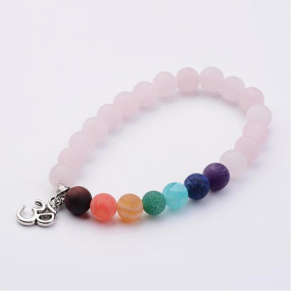 

PandaHall Natural Rose Quartz and Gemstone Stretch Bracelets, with Alloy Om Symbol Pendants, Antique Silver, 2-1/8 inch(53mm) Rose Quartz