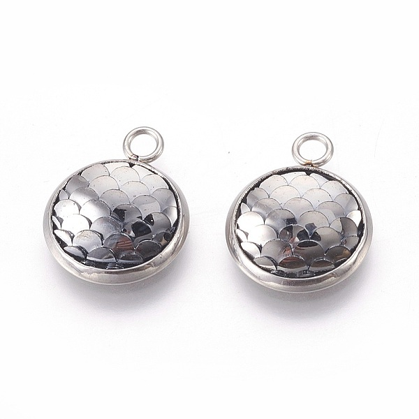 

PandaHall Resin Pendants, with 304 Stainless Steel Finding, Flat Round with Mermaid Fish Scale Shaped, Stainless Steel Color, Light Grey..., Gray