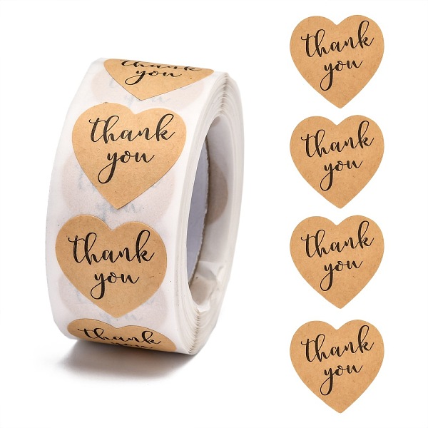 PandaHall 1 Inch Thank You Stickers, Self-Adhesive Kraft Paper Gift Tag Stickers, Adhesive Labels, Heart with Word Thank you, Tan, Heart...