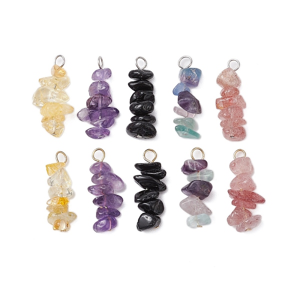 10Pcs 5 Colors 12 Constellation Natural Citrine & Natural Obsidian & Fluorite & Amethyst & Strawberry Quartz Pendants, Chip Charms with 304 Stainless Steel Loops, Golden & Stainless Steel Color, Pisces, 22-24x8-10x7-9mm, Hole: 2.5-3mm...