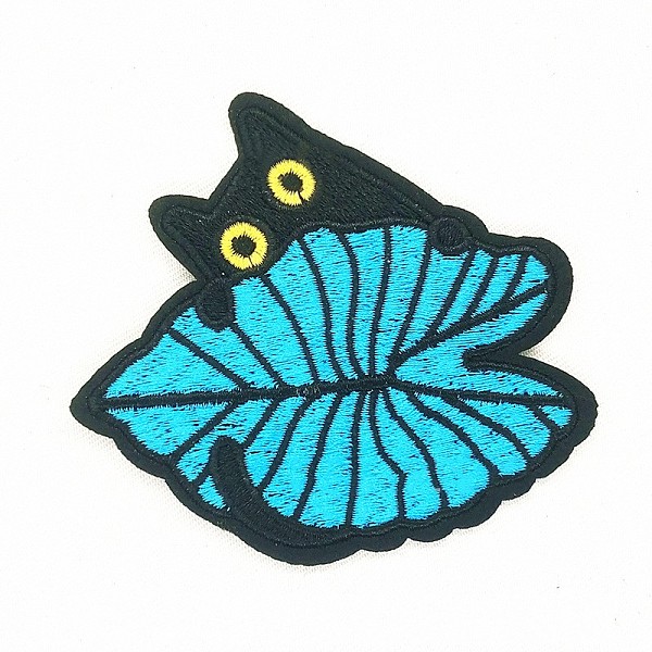 PandaHall Computerized Embroidery Cloth Iron on/Sew on Patches, Costume Accessories, Cat with Leaf, Cyan, 8.6x8.9cm Cloth Cat Shape Cyan