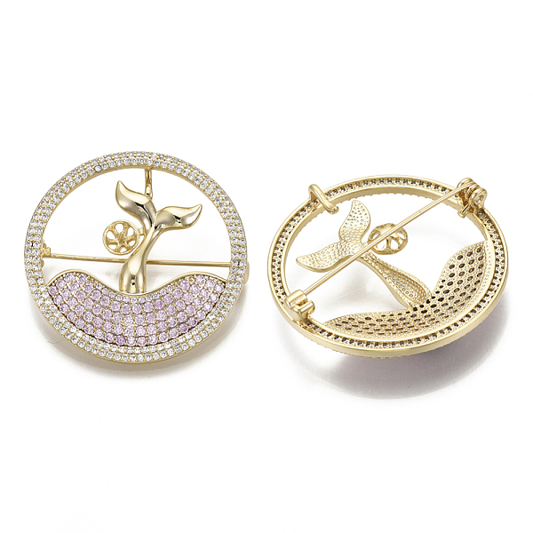 

PandaHall Brass Micro Pave Cubic Zirconia Brooch Findings, For Half Drilled Beads, Flat Round with Fishtail, Nickel Free, Real 18K Gold..., Purple