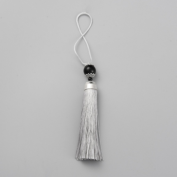 

PandaHall Polyester Tassel Big Pendants Decorations, with Acrylic Beaded and Platinum Alloy Findings, Light Grey, 188mm Polyester