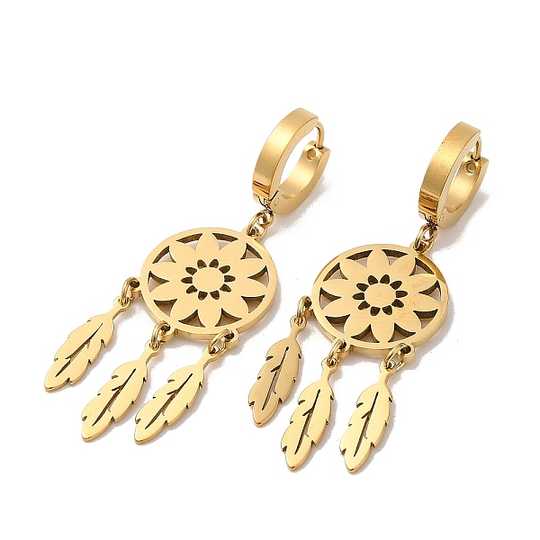 

PandaHall 304 Stainless Steel Web with Feather Chandelier Earrings, Hoop Earrings, Golden, 55x17mm 304 Stainless Steel Feather