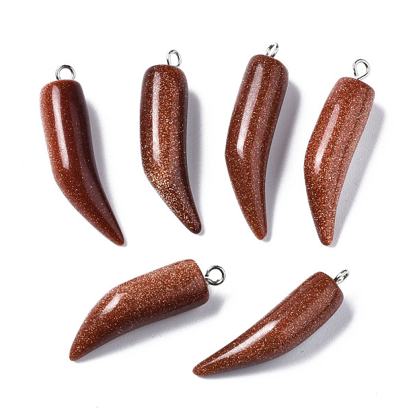 PandaHall Synthetic Goldstone Pendants, with Platinum Iron Loop, Little Pepper, 28~33x7~8mm, Hole: 1.8mm Goldstone Horn