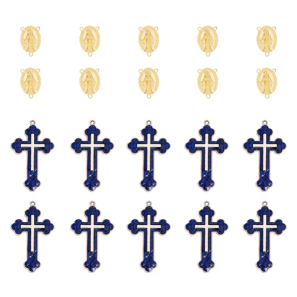 PandaHall SUNNYCLUE Alloy Enamel Cross Pendants, with Chandelier Component Links, Rosary Center Pieces, Marine Blue, Golden, 74x72x17mm...