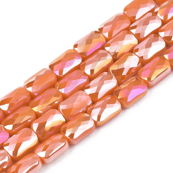 

PandaHall Electroplate Opaque Solid Color Glass Beads Strands, AB Color Plated, Faceted, Rectangle, Coral, 7x4x3mm, Hole: 1mm, about..., Red