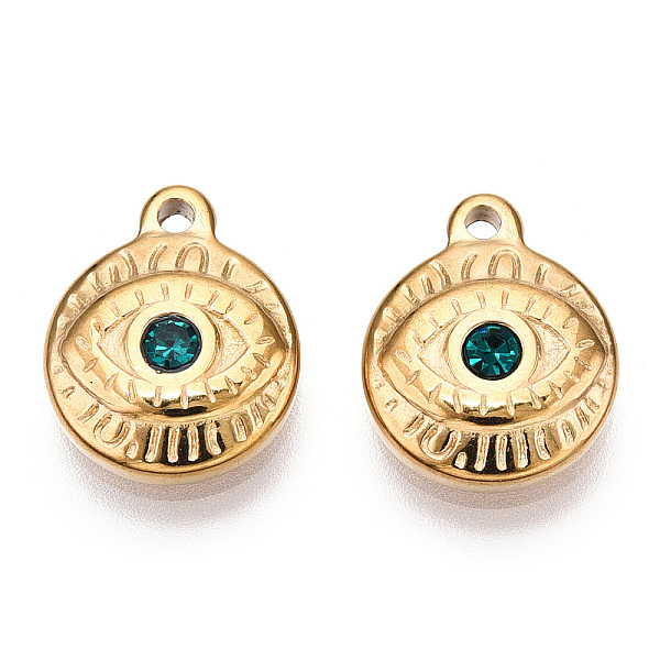 

PandaHall Teal Glass Pendants, with Vacuum Plating 201 Stainless Steel Findings, Flat Round with Evil Eye, Real 18K Gold Plated, 13.5x11x3mm..., Cyan