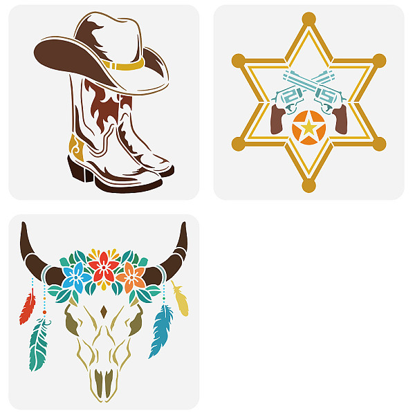 

PandaHall 3Pcs 3 Styles PET Hollow Out Drawing Painting Stencils, for DIY Scrapbook, Photo Album, Western Cowboy Theme, 300x300mm, 1pc/style...