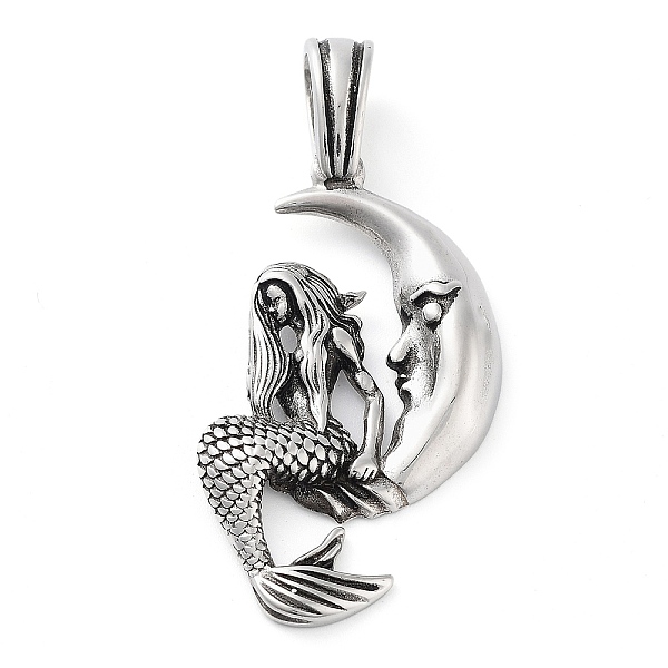 

PandaHall 304 Stainless Steel Big Pendants, Moon with Mermaid Charm, Antique Silver, 50x25x4.8mm, Hole: 7.2x4.8mm 304 Stainless Steel Moon