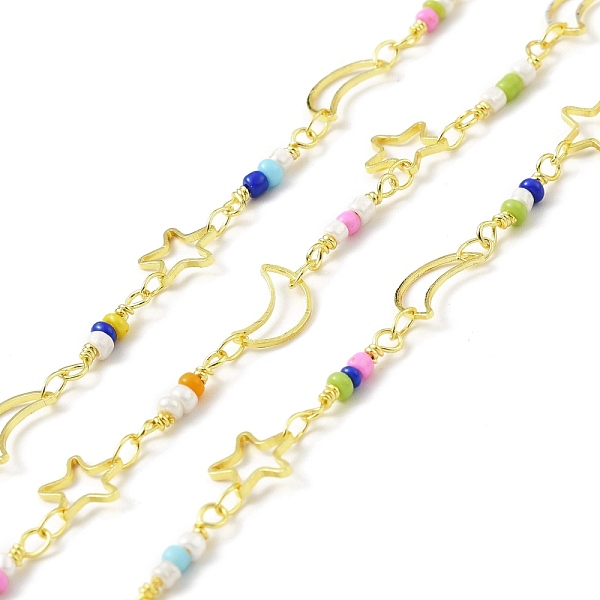 

PandaHall Handmade Brass Moon & Star Link Chain, with Glass Beaded, Long-Lasting Plated, Golden, Soldered, with Spool, Colorful, Link...