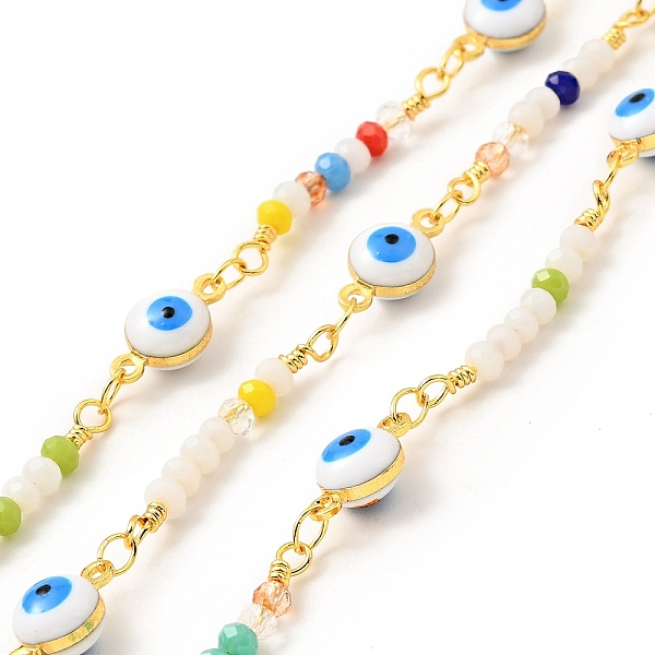 

PandaHall Brass Flat Round Link Chains, with Colorful Enamel Evil Eye & Glass Round Beaded, Lead Free & Cadmium Free, Soldered, with Spool..., White