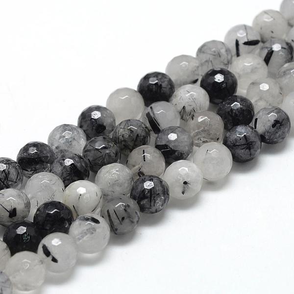 PandaHall Natural Black Rutilated Quartz Beads Strands, Faceted(128 Facets), Round, 6~7mm, Hole: 1mm, about 60~61pcs/strand, 15.7 inch...