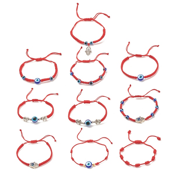 

PandaHall 10Pcs 10 Style Resin Evil Eye Braided Bead Bracelets Set, Hamsa Hand & Turtoise & Elephant Alloy Link Adjustable Bracelets for..., Red