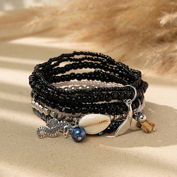

PandaHall Bohemian Glass Beaded Stretch Bracelet Sets, Summer Beach Stackable Charm Bracelets for Women Glass