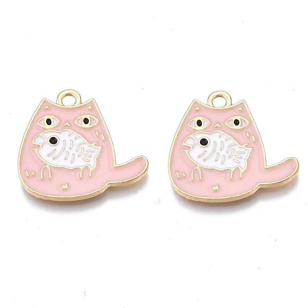

PandaHall Alloy Enamel Pendants, Cadmium Free & Nickel Free & Lead Free, Light Gold, Cat with Fish, Pink, 18.5x20x1.5mm, Hole: 2mm...