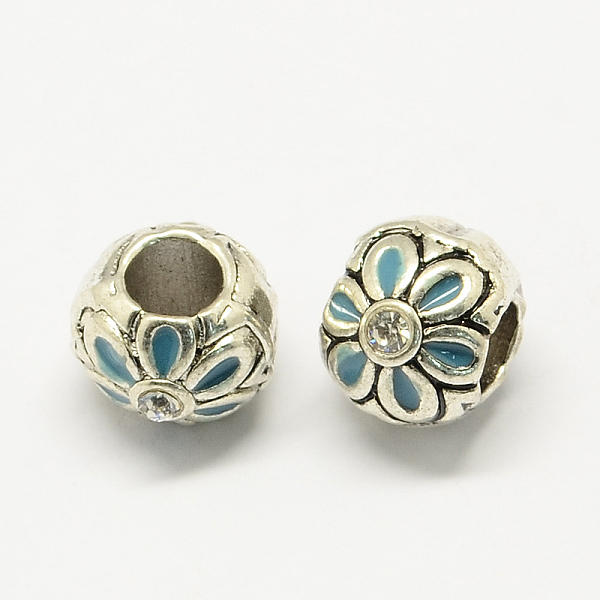 

PandaHall Alloy Rhinestone Enamel Style European Beads, Large Hole Round Beads with Flower, Light Blue, 10x9mm, Hole: 4.5mm Alloy...