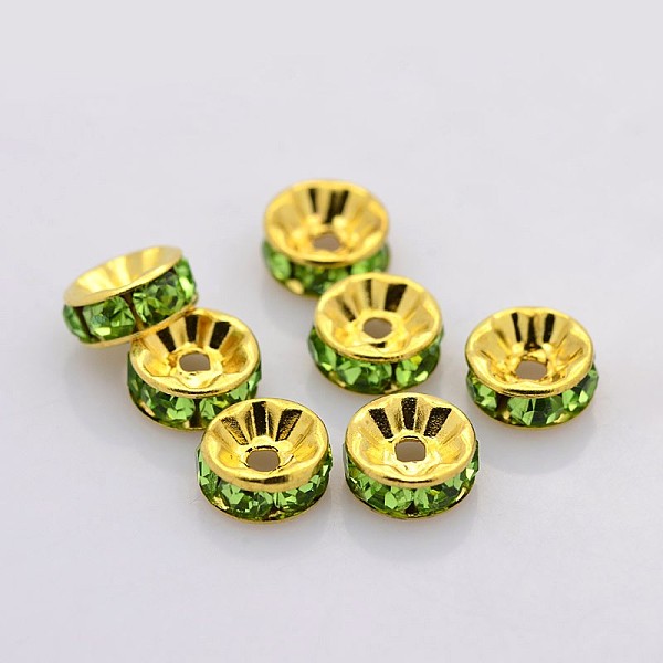 

PandaHall Brass Rhinestone Spacer Beads, Grade A, Straight Flange, Golden Metal Color, Rondelle, Peridot, 8x3.8mm, Hole: 1.5mm..., Green