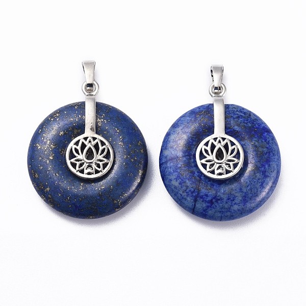 

PandaHall Natural Lapis Lazuli Pendants, with Platinum Tone Brass Findings, Donut/Pi Disc with Lotus, 35.5x30x8.5~9.5mm, Hole: 4.5x6.5mm..., Blue