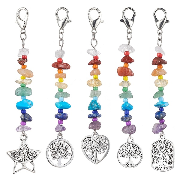 

PandaHall Tree of Life Tibetan Style Alloy Pendant Decorations, with Natural Gemstone Chip Beads and Lobster Claw Clasps, Mixed Shapes...