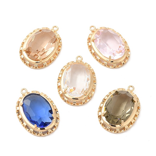 

PandaHall Brass with K9 Glass Pendants, Golden Oval Charms, Mixed Color, 26x19x7mm, Hole: 1.6mm K9 Glass Oval Multicolor