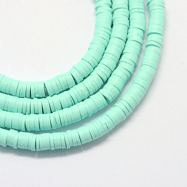 

PandaHall Handmade Polymer Clay Beads, Disc/Flat Round, Heishi Beads, Aquamarine, 6x1mm, Hole: 2mm, about 380~400pcs/strand, 17.7 inch..., Green
