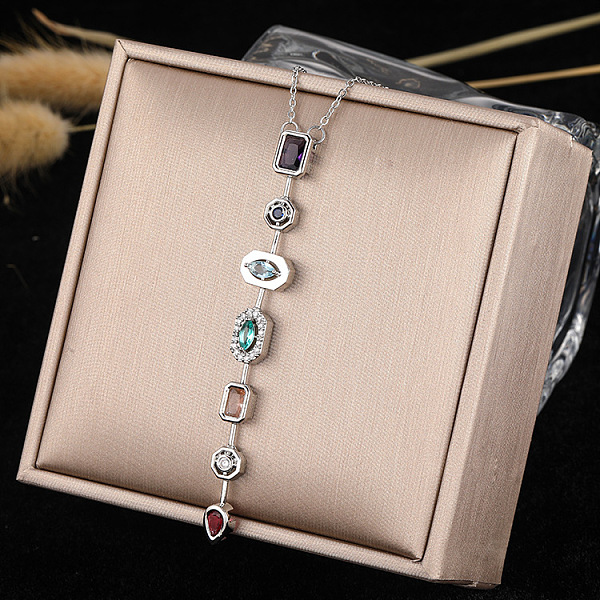 Colliers longs à pampilles ornés de pendentifs rectangulaires et ovales en zircon cubique pavé d'acier inoxydable 304