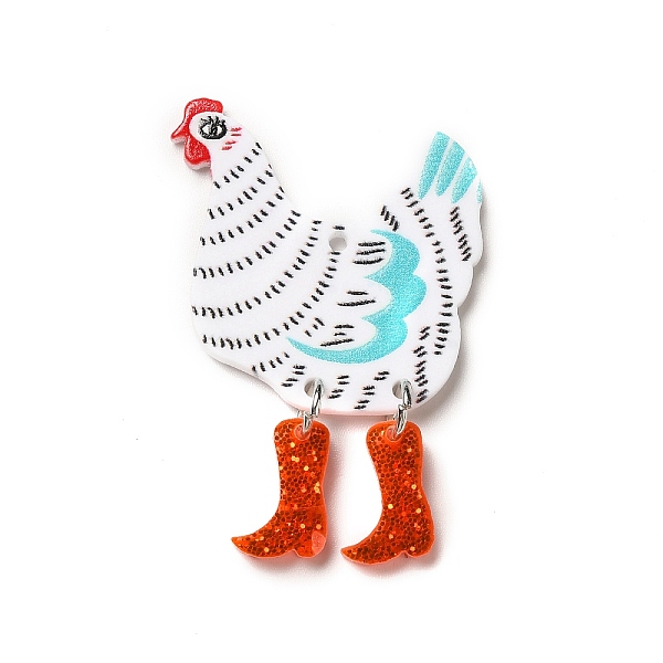 

PandaHall Printed Acrylic Pendants, with Glitter Powder, Rooster Charm, White, 44x30x2.3mm, Hole: 1.8mm Acrylic Rooster White