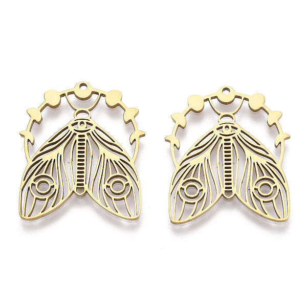 

PandaHall Ion Plating(IP) 304 Stainless Steel Pendants, Laser Cut, Moon Phase with Moth Charm, Real 18K Gold Plated, 30x26x1.5mm, Hole...