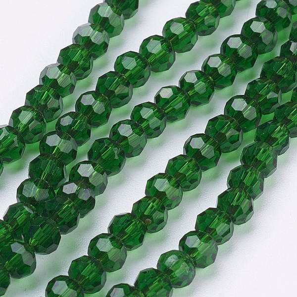 

PandaHall Glass Beads Strands, Faceted(32 Facets), Round, Green, 4mm, Hole: 1mm, about 87~93pcs/strand, 32~33cm Glass Round Green