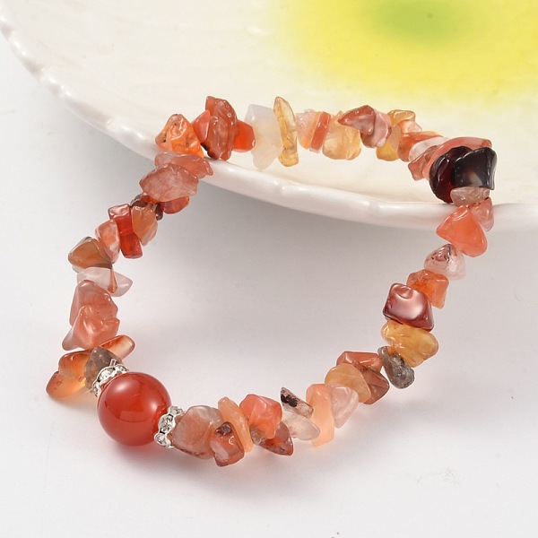 

PandaHall Chips Natural Carnelian(Dyed & Heated) Beaded Stretch Bracelets, with Brass Rhinestone Findings, Silver Color Plated, 59mm..., Clear