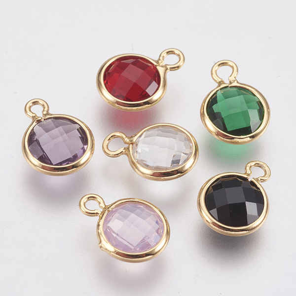 

PandaHall Glass Charms, with Brass Findings, Faceted Flat Round, Nickel Free, Real 18K Gold Plated, Mixed Color, 9.5x7x3mm, Hole: 1.2mm..., Multicolor