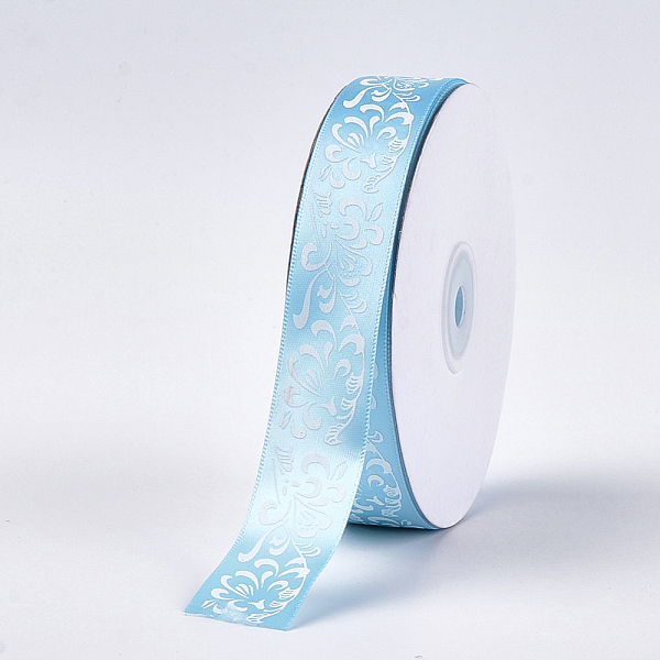 

PandaHall Single Face Satin Ribbon, Polyester Ribbon, Flower Pattern, Sky Blue, 1 inch(25mm), about 50yards/roll(45.72m/roll) Polyester Blue