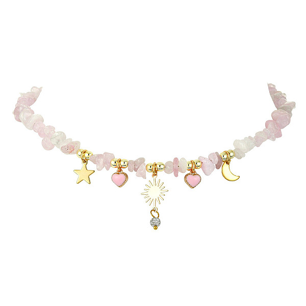 

PandaHall Alloy Enamel & 304 Stainless Steel & Brass Bib Necklace with Natural Rose Quartz Chip Beaded Chains, Star & Sun & Heart & Moon..., Pink