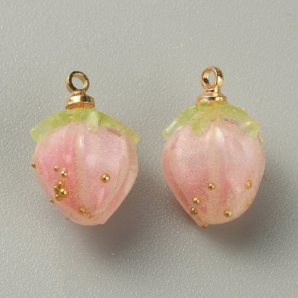 

PandaHall Opaque Acrylic Charms, with Golden Plated Brass Finding, Strawberry, Pink, 14x10x9.5mm, Hole: 1.5mm Acrylic Fruit Pink