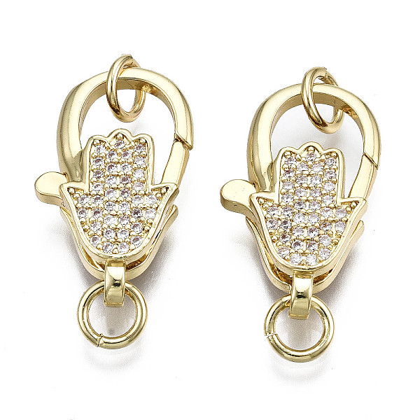 PandaHall Brass Micro Pave Clear Cubic Zirconia Lobster Claw Clasps, with Jump Ring, Nickel Free, Hamsa Hand/Hand of Fatima/Hand of Miriam...
